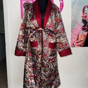 Vintage OUSEN Paisley Tapestry Hostess Coat Quilted Trim Boho Duster Robe